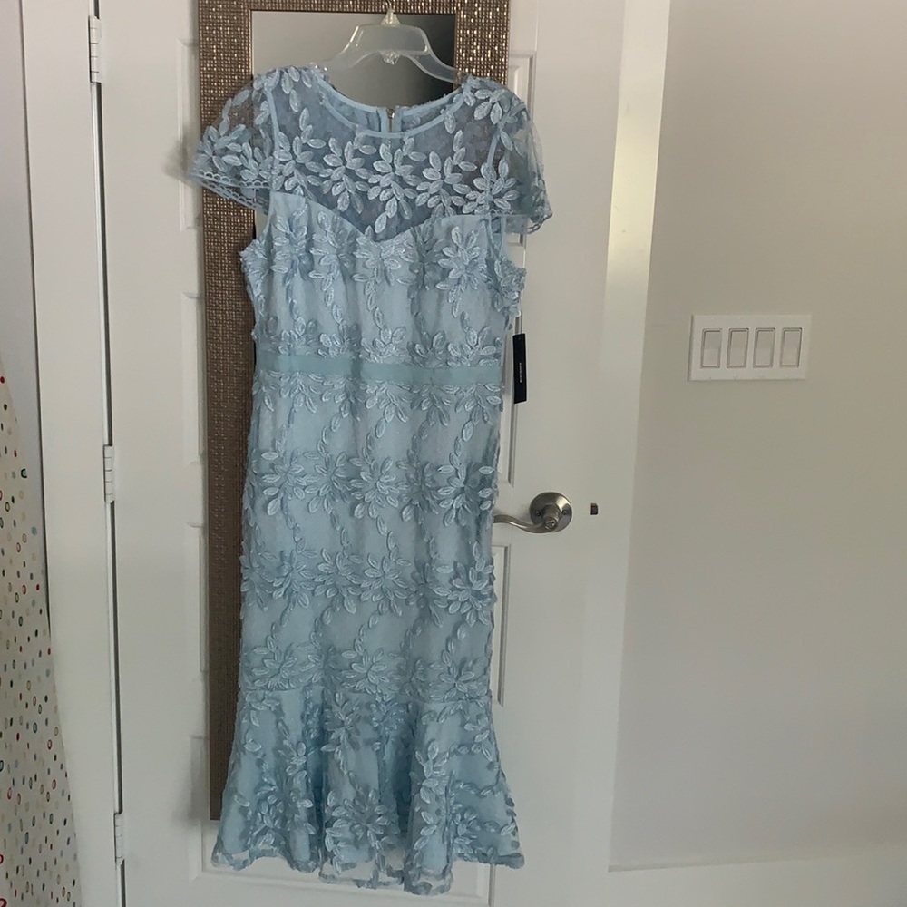 Light Blue Embroidered Midi Trumpet Dress